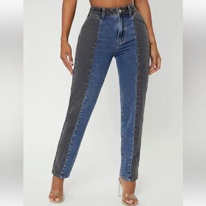SHEIN Blue Black High Rise Patchwork Mom Jeans Womens Size Medium Denim